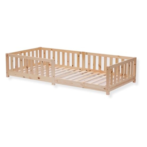ecoMI Kindebett inkl. Rausfallschutz und Lattenrost | 90x200 cm | Natur | Bodenbett Montessori | Bett aus Kiefer Massivholz Gitterbett Einzelbett (Natur, 90x200 cm)