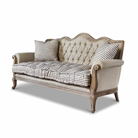 Loberon Sofa Malabon, Chesterfield-Steppung, traditioneller Landhaus-Look, nostalgischer Charme, Sitzmöbel, Mangoholz, Leinen, Schaumstoff, leinen/braun/blau