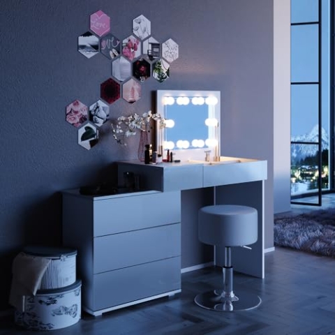 Vicco Schminktisch Lotos, Kosmetiktisch mit Spiegel, Weiß, 117 cm mit LED Beleuchtung und Hocker