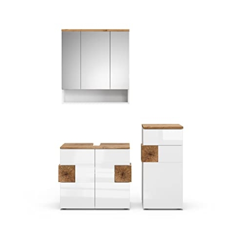 Vicco Badmöbel-Set Eden, Badezimmerschrank-Set, Weiß Hochglanz/Artisan-Eiche, 3 Teile