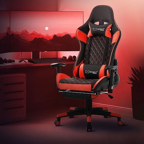 ML-Design Gaming Stuhl mit Fußstütze, Rot, Kunstleder, Ergonomischer Bürostuhl mit Armlehne, Kopfstütze, Lendenkissen, Drehstuhl verstellbar, Hohe Rückenlehne, Racing Gamer Stuhl Schreibtischstuhl