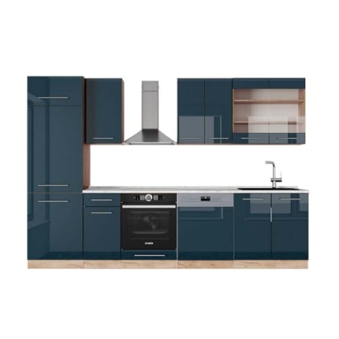 Vicco Küchenzeile Fame-Line, Dunkelblau Hochglanz/Goldkraft Eiche, 300 cm, AP Marmor