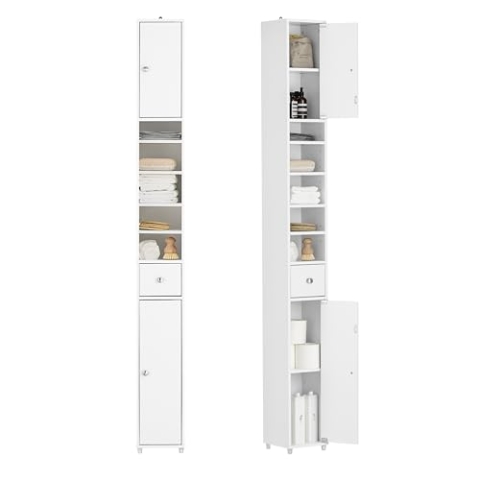 SoBuy Bad Hochschrank mit Verstellbare Ablagen Badschrank Badzimmerschrank schmal platzsparender Badregal Badmöbel Badezimmer Weiß BHT ca. 20x180x20cm BZR34-W