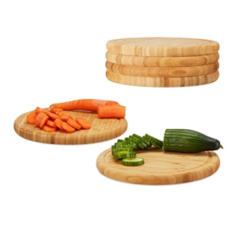 Relaxdays, Natur Frühstücksbrettchen rund 6er Set, Bambus, 30 cm, Küchenbrett, pflegeleicht, natürlich, messerschonend