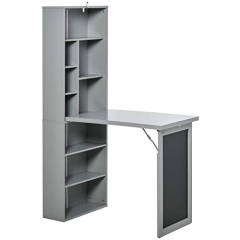 HOMCOM Schreibtisch Esstisch klappbar mit 6 Fächer Bücherregal mit 3 Regale Computertisch Bürotisch E1 Spanplatte Metallrahmen Dunkelgrau 98 x 51 x 153 cm