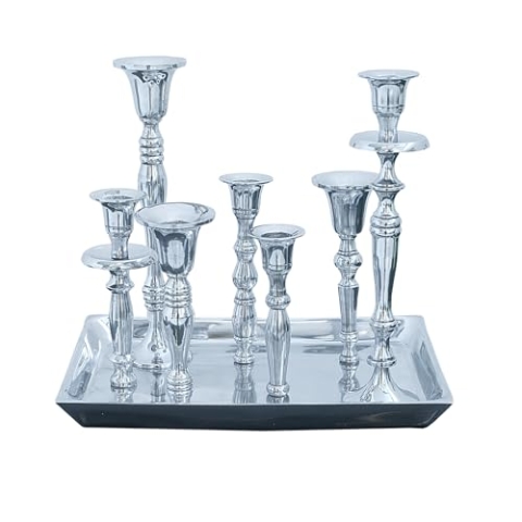 Riess Ambiente Kerzenständer MODERN BAROCK 7-flammig Silber Aluminium poliert Kerzenhalter Deko-Platte Kerzenhalter Stabkerzenhalter Esstischdekoration