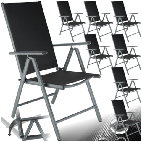 tectake® Aluminium Gartenstuhl 8er Set, Klappstuhl mit 7-Fach Verstellbarer Rückenlehne, wetterfest, Camping Stuhl mit Armlehnen, für Garten Terrasse Balkon, Gartenmöbel Set mit 8 Stühlen - anthrazit
