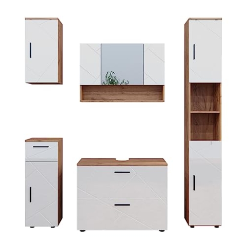 Vicco Badmöbel-Set Irma, Badezimmerschrank-Set, Eiche/Weiß Hochglanz, 5 Teile