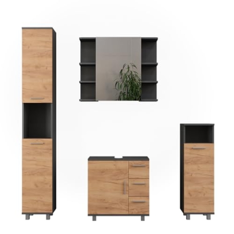 Vicco Badmöbel-Set Ilias, Goldkraft Eiche/Anthrazit, 4 Teile