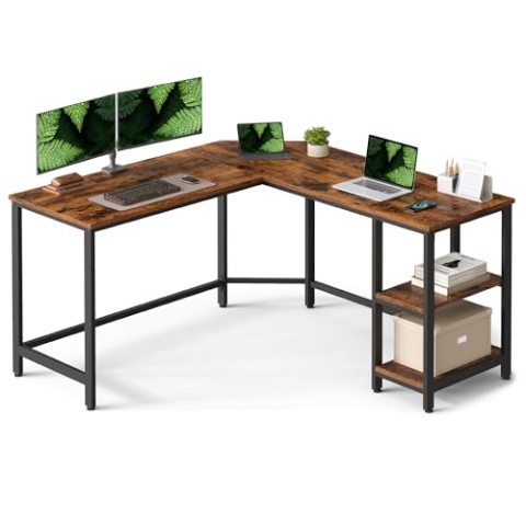 VASAGLE Schreibtisch, L-förmiger Computertisch, 138 x 138 x 76 cm, Eckschreibtisch mit 2 Ablagen, platzsparender Bürotisch, Gaming, Homeoffice, einfacher Aufbau, vintagebraun-schwarz LWD72X