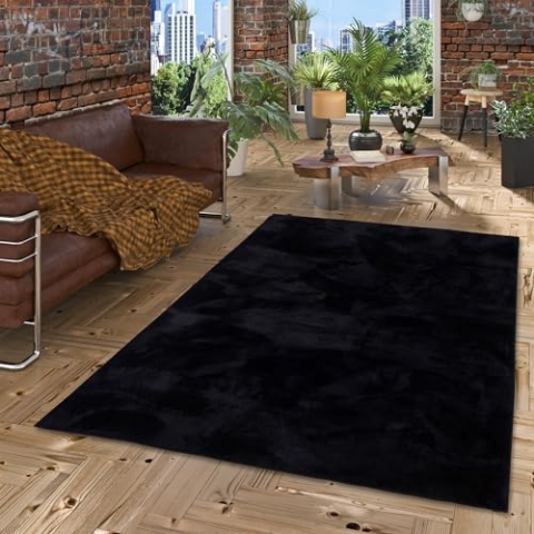 Pergamon Kunstfaser Teppich Wohnzimmer Luxus Super Soft Fellteppich Pearl Schwarz in 5 Größen