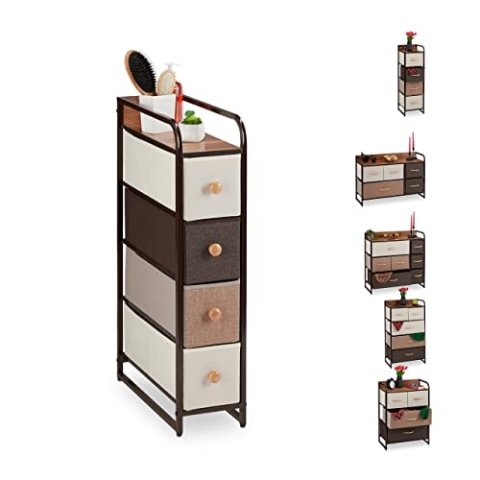 Relaxdays Schubladenschrank, 4 Stoff Fächer, schmal, mit Knauf, Ablage, Nischenschrank HBT 84,5 x 20 x 49,5 cm, braun