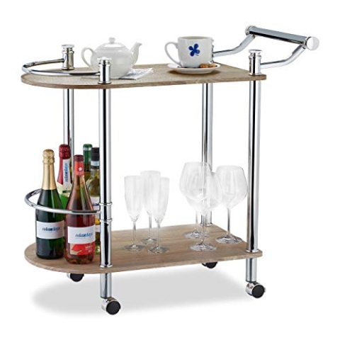 Relaxdays Servierwagen 2 Etagen, Holz-Optik, MDF und Stahl, 4 Rollen, mit Griff, Barwaagen, HxBxT 76 x 39 x 82 cm, braun