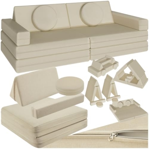 tectake® Spielsofa, Kindersofa klappbar, modulares Sofa mit Spiel- und Schlaffunktion, Möbel für Kinderzimmer, Indoor Spielplatz, Couch oder Sitzkissen, Schaumstoff Stapelsteine - 120 cm, beige