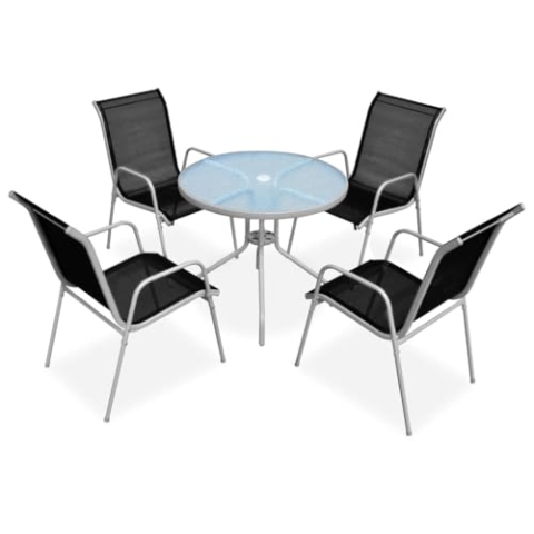 vidaXL Gartenmöbel 5-TLG. Gartengarnitur Gartenset Sitzgruppe Sitzgarnitur Esstisch Gartentisch Tisch Stühle Stapelstuhl Stahl Schwarz