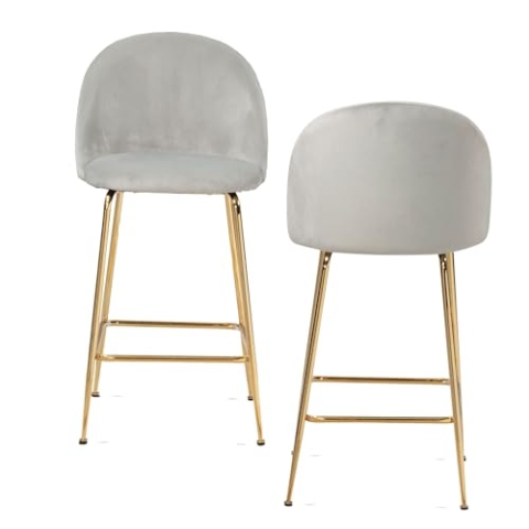 Wohnling 2er Set Barhocker Samt Grau Hocker mit Lehne & goldenen Beinen, Küchenhocker Skandinavisch Stoff/Metall 110 kg, Design Barstuhl Tresenhocker, Bistrohocker Gepolstert