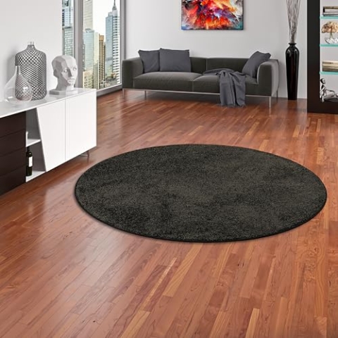 Snapstyle Hochflor Velours Teppich Mona Schwarz Rund in 7 Größen