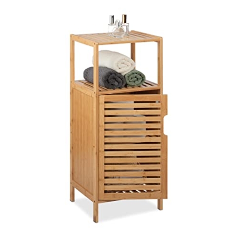 Relaxdays Badschrank Bambus, HBT: 87 x 36,5 x 33 cm, schmales Badregal mit Tür, 2 offene Ablagen, Badkommode, Natur