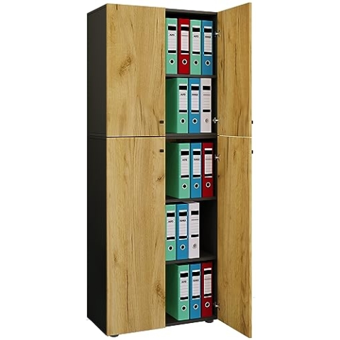 VCM Büroschrank mit 5 Fächern | moderner Aktenschrank mit Drehtüren | Maße ca. B. 70 x H. 184 x T. 40 cm – Lona 5-Fach Anthrazit/Honig-Eiche