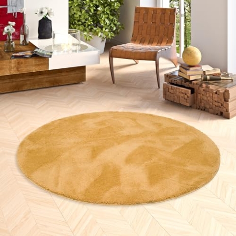 Pergamon Luxus Super Soft Hochflor Langflor Teppich Rund Flauschig Weich Wohnzimmer Schlafzimmer Silky Curry