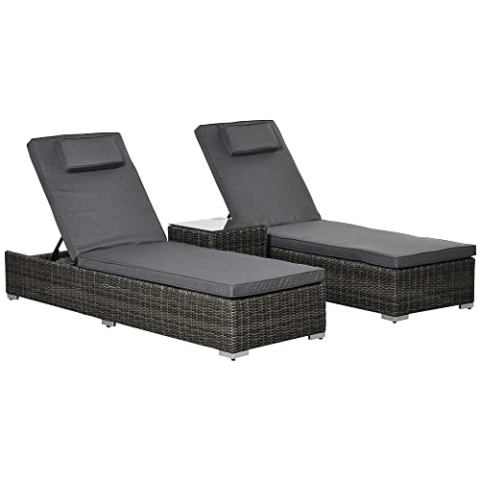 Outsunny Poly-Rattan Sonnenliege 3-TLG. Gartenliege mit 6-Fach Verstellbarer Rückenlehne Beistelltisch Nackenkissen Gartenmöbel Aluminium Grau 60 x 195 x 91 cm