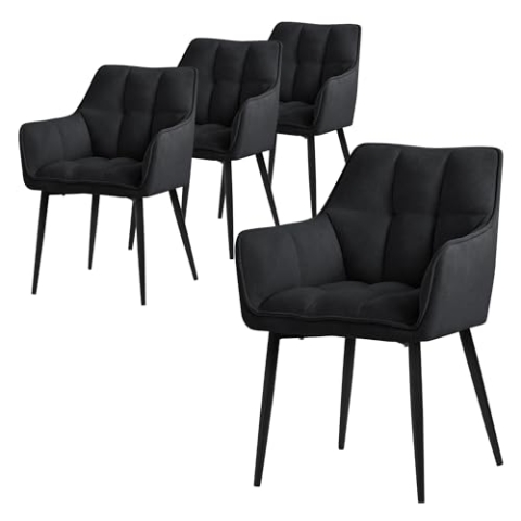 ML-Design Esszimmerstühle 4er Set aus Frotteestoff, Schwarz, Küchenstuhl dickem gepolsterter Sitz & Metallbeinen, Wohnzimmerstuhl mit Rücken- und Armlehnen, Polsterstuhl, Ergonomischer Loungesessel