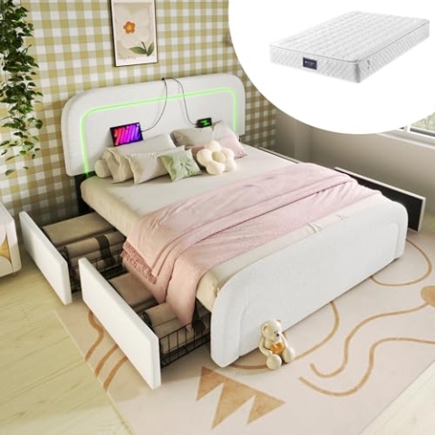 okwish Polsterbett Doppelbett 160 x 200 cm mit USB-Ladeanschluss und LED-Beleuchtung, Funktionelles Stauraumbett mit 4 Schubladen und Höhenverstellbarem Kopfteil(Mit Matratze)- Weiß