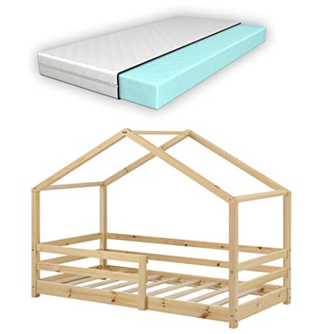 [en.casa] Kinderbett Knätten mit Matratze und Rausfallschutz 80x160cm Hausbett mit Kaltschaummatratze Bettenhaus mit Lattenrost Kiefernholz Kleinkindbett Natur Holz