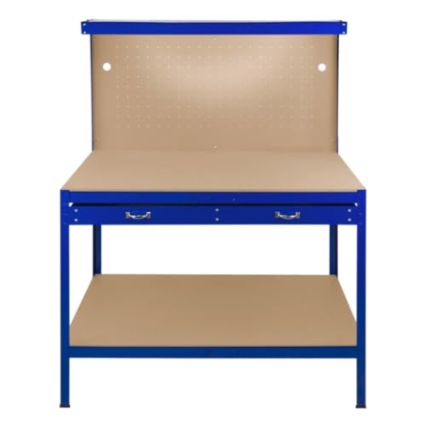 Werktisch Werkbank Arbeitstisch Blau Werkstatt Lochwand Stecktafel Schublade LED Licht DIY Holzwerkbank Werkzeugbank Werkstatteinrichtung Werkzeug Aufbewahrung 370kg Kapazität 40 Haken Gummihammer