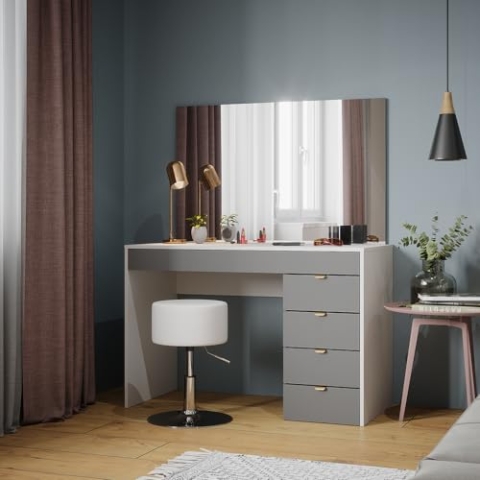 Vicco Schminktisch Elise, Kosmetiktisch mit Spiegel, Weiß/Grau, 115 cm mit Hocker