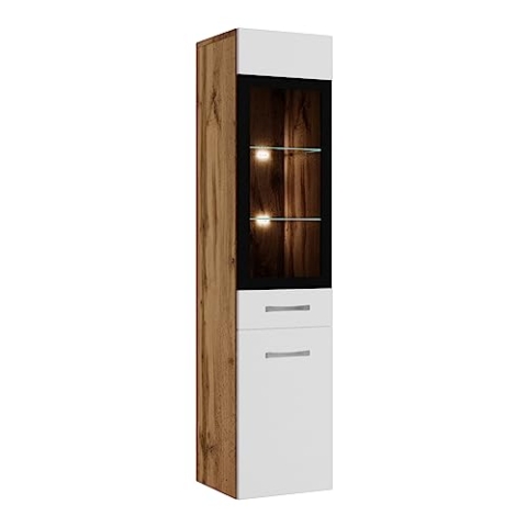 Badezimmer Schrank Rio 131 cm Eiche mit Hochglanz Weiß – Regal Schrank Hochschrank Schrank Möbel Badschrank