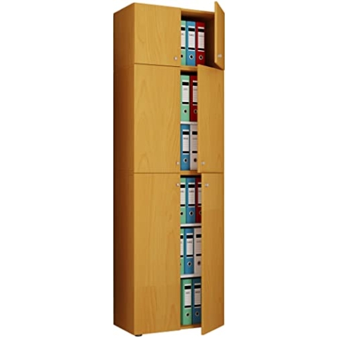 VCM XXL Büroschrank mit 5 Fächern und einem Aufsatz | moderner Aktenschrank mit Drehtüren | Maße ca. H. 223 x B. 70 x T. 39 cm – Lona 5-Fach Buche