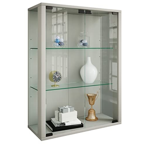 VCM Glasvitrine hängend | Vitrine Glas mit ESG-Sicherheitsglas | Maße: H. 80 x B. 60 x T. 25 cm | Hängevitrine Glas | Modern und platzsparend | Glas Vitrinenschrank - Udina Silber