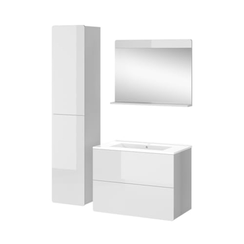 Vicco Badmöbel-Set Izan, Badezimmerschrank-Set, Weiß Hochglanz, 4 Teile mit Hochschrank