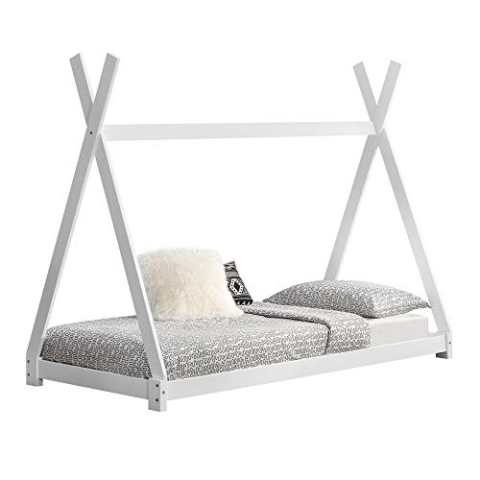 [en.casa] Kinderbett Onejda in Tipi-Design Bodenbett Jugendbett aus Kiefernholz Weiß 90 x 200 cm