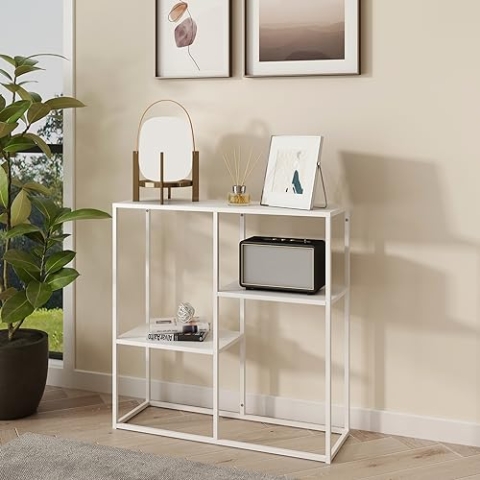 [en.casa] Konsolentisch Strömstad mit 3 Ablagen Metallgestell Flurtisch Beistelltisch 80x80x26cm für Wohn- und Schlafzimmer Büro Weiß