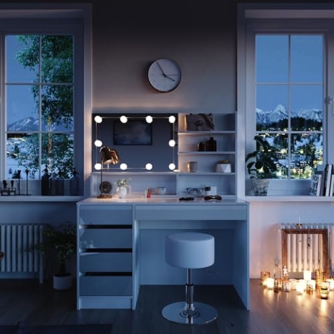 Vicco Schminktisch Sherry, Weiß Hochglanz, 120 cm mit LED Beleuchtung, Hocker und Spiegelregal