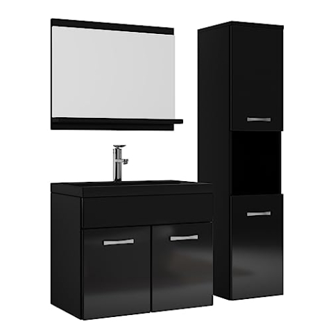 Badplaats B.V. Badezimmer Badmöbel Set Montreal 60cm Waschbecken Schwarz - Hochglanz Schwarz Unterschrank - Hochschrank Waschtisch Möbel