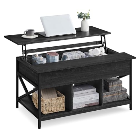 VASAGLE Couchtisch, höhenverstellbarer Wohnzimmertisch, Kaffeetisch, offener und versteckter Stauraum, X-Streben, 60 x 100 x (48-62) cm, anthrazitgrau-schwarz LCT205B22
