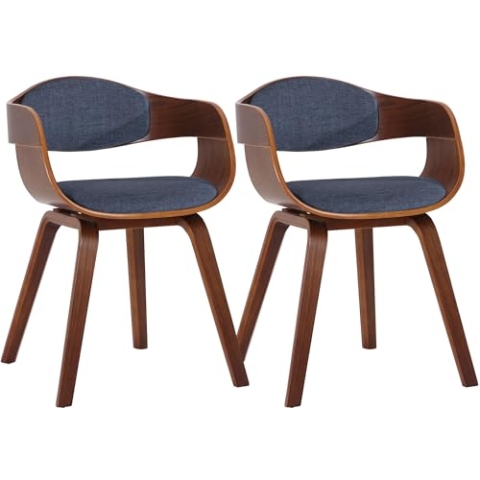 CLP 2er Set Retrostühle Kingston mit Stoffbezug und umlaufender Rückenlehne I Lehnstühle mit Polsterung und Holzgestell, Farbe:walnuss/blau, Gestell Farbe:walnuss