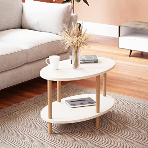 [en.casa] Couchtisch Højreby Sofatisch mit 1 Ablage oval Wohnzimmer 70 x 44 x 43 cm Beine aus Buchenholz Weiß