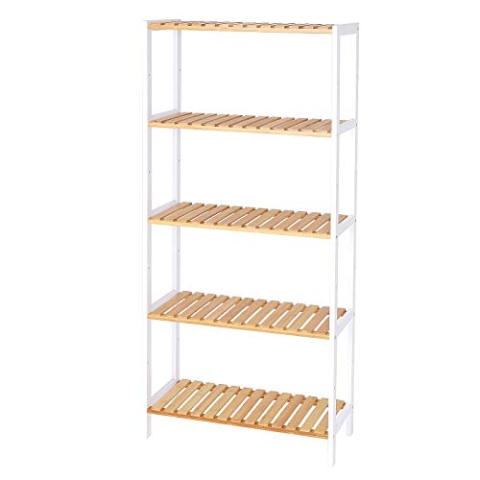 dibea Bambusregal mit Ablagefächern Schuhregal Badezimmerregal Küchenregal Wohnzimmerregal Standregal, Natur/Weiß