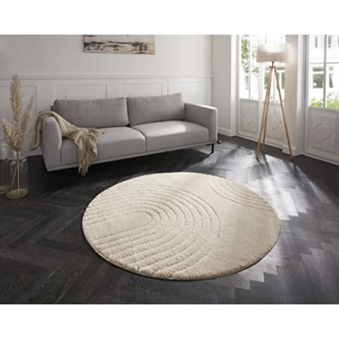 Mint Rugs Teppich Fergus Rund Hochflor Wohnzimmer-Teppich Weich Flauschig Langflor Shaggy Flokati Skandi Design für Küche Flur oder Schlafzimmer Hoch-Tief Struktur Creme ø160 cm
