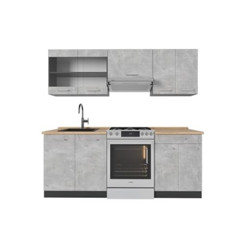 Vicco Küchenzeile R-Line, Küchenblock, Beton/Anthrazit, 200 cm ohne Arbeitsplatte