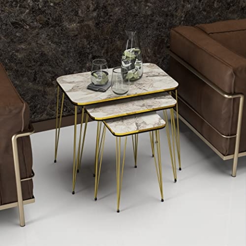 [en.casa] Beistelltisch-Set Rudkøbing Satztisch 3er Set weiße Marmor-Optik Wohnzimmertisch mit eckiger Tischplatte Hairpinlegs Metall Goldfarben Sofatisch