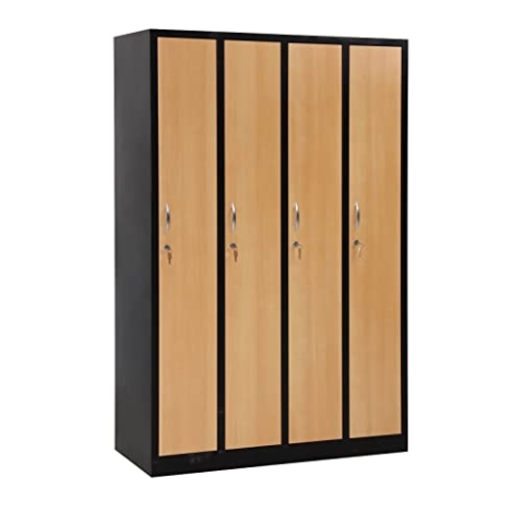 Furni24 Garderobenschrank 120x50x180 Garderobenspind Umkleidespind Spind Schrank Kleiderschrank Abschließbar schwarz/buche 4 türig 30cm Abteilbreite fertig montiert Verschiedene Ausführungen verfügbar