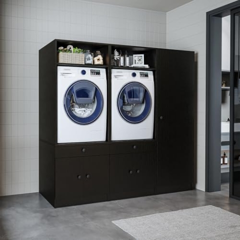 ROOMART Schrankwand für Waschküche & Hauswirtschaftsraum, in 3 Farben, 194 cm breit, Mit Ausziehbrett • Weiß • Schwarz Eiche (Ohne Aufsatzschrank, Schwarz-Eiche)