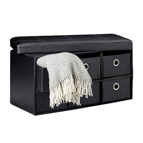 Relaxdays faltbare Sitzbank mit Stauraum in 6 entnehmbaren Fächern HBT: 38 x 76 x 38 cm Sitztruhe aus Kunstleder zum Falten mit Aufbewahrung Ottomane mit entnehmbaren Körben Sitzhocker, schwarz