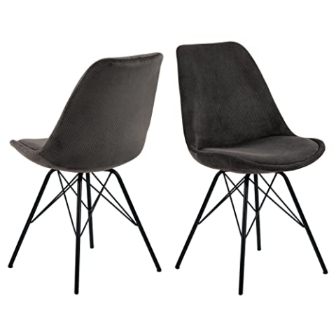 AC Design Furniture Emanuel Cord-Esszimmerstuhl mit Rückenlehne 2er Set, gepolsterter Esszimmerstuhl im zeitlos eleganten Stil, Anthrazitfarbe, gepolsterter Stoffsitz mit schwarzen Metallbeinen