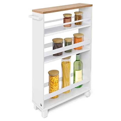 bomoe Nischenregal 15cm breit – Küchenwagen Küchenregal Schmal – Rollwagen Schmal 3 Fächer & Arbeitsplatte – Nischenschrank Küche Bad Büro – Bathroom Cart Nischenwagen Weiß & Eiche 79x50 cm – Hylla
